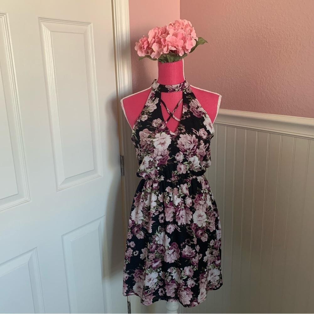 Pink/Purple Floral Chiffon Sundress with Choker Neck, size Small